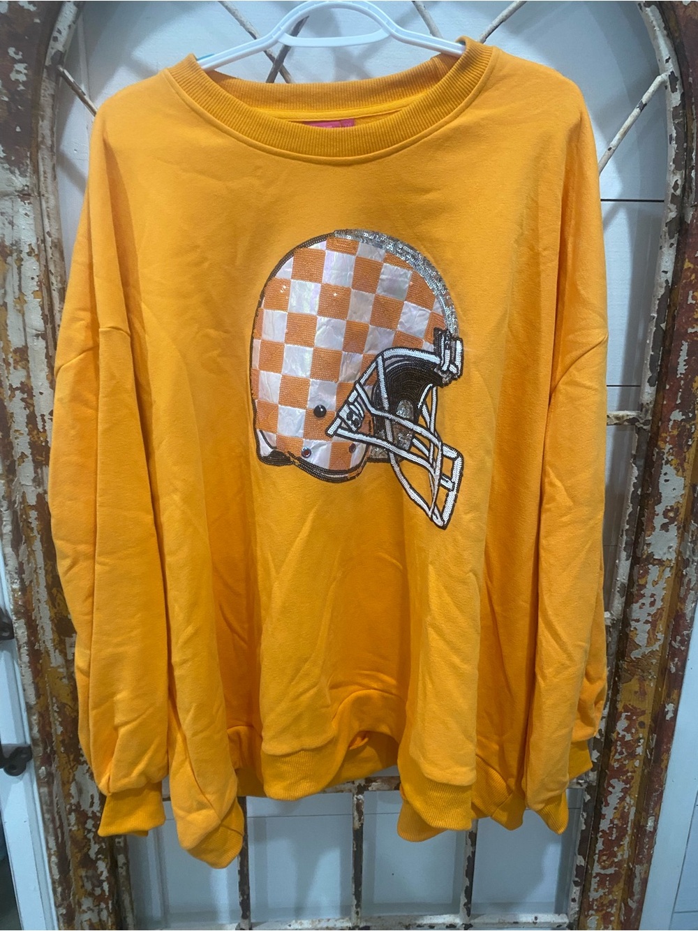 QUEEN OF SPARKLES Orange Crewneck with Helmet Graphic New Without Tags